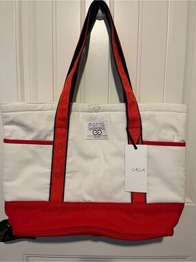 CALIA by Carrie Underwood White and Red Canvas Tote with Logo Straps